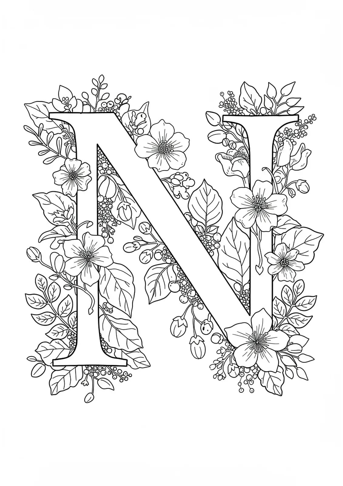 Letter N entwined with nightshade plants, flowers, and leaves in a botanical garden style.