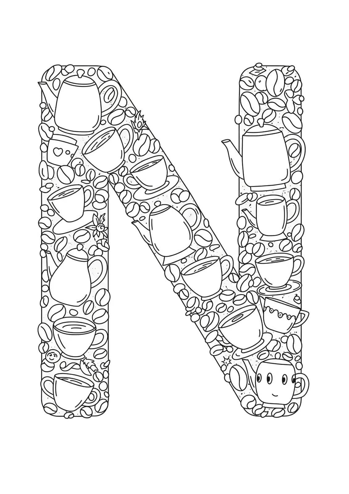 Easy coffee and tea motifs with letter N for adult coloring
