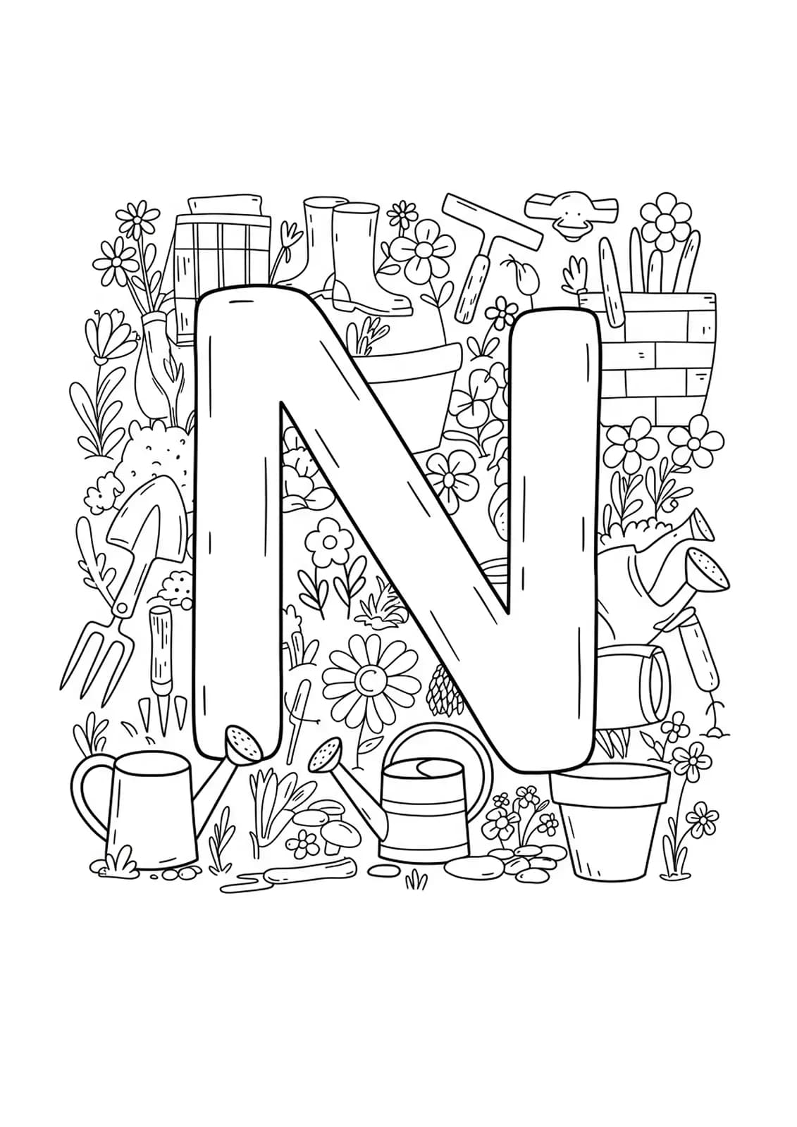 Easy gardening tools and letter N for adult coloring