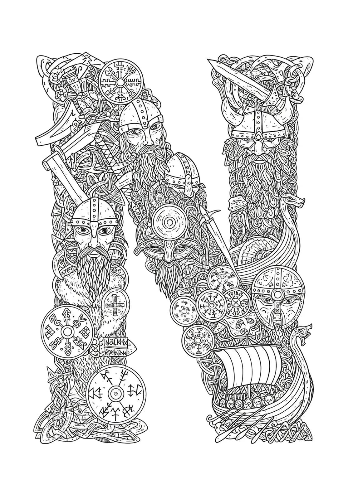 Letter N surrounded by detailed Norse runes, Viking longships, helmets, and mythical creatures.