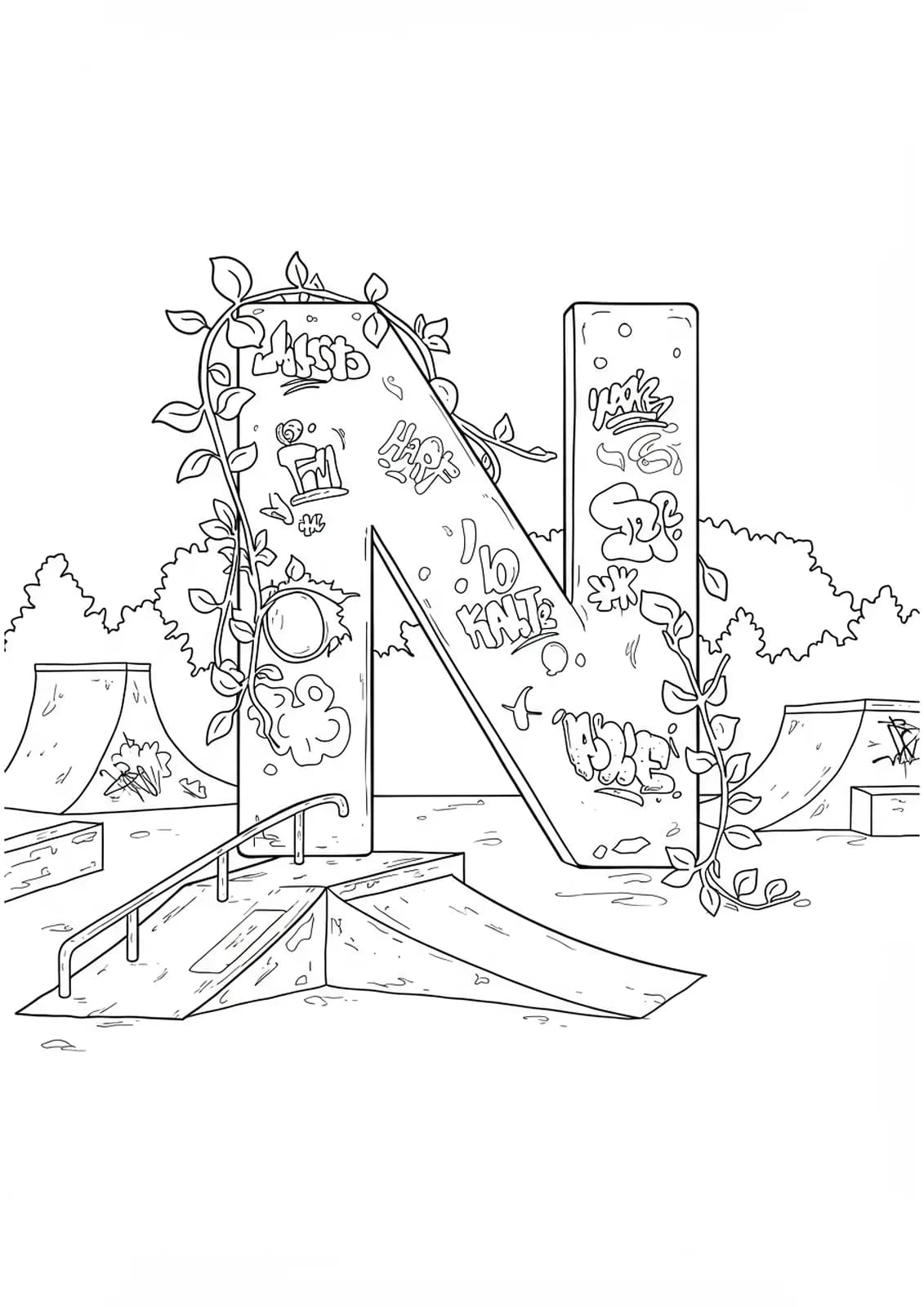 Letter N in a skatepark setting with ramps, rails, graffiti, and leafy vines.