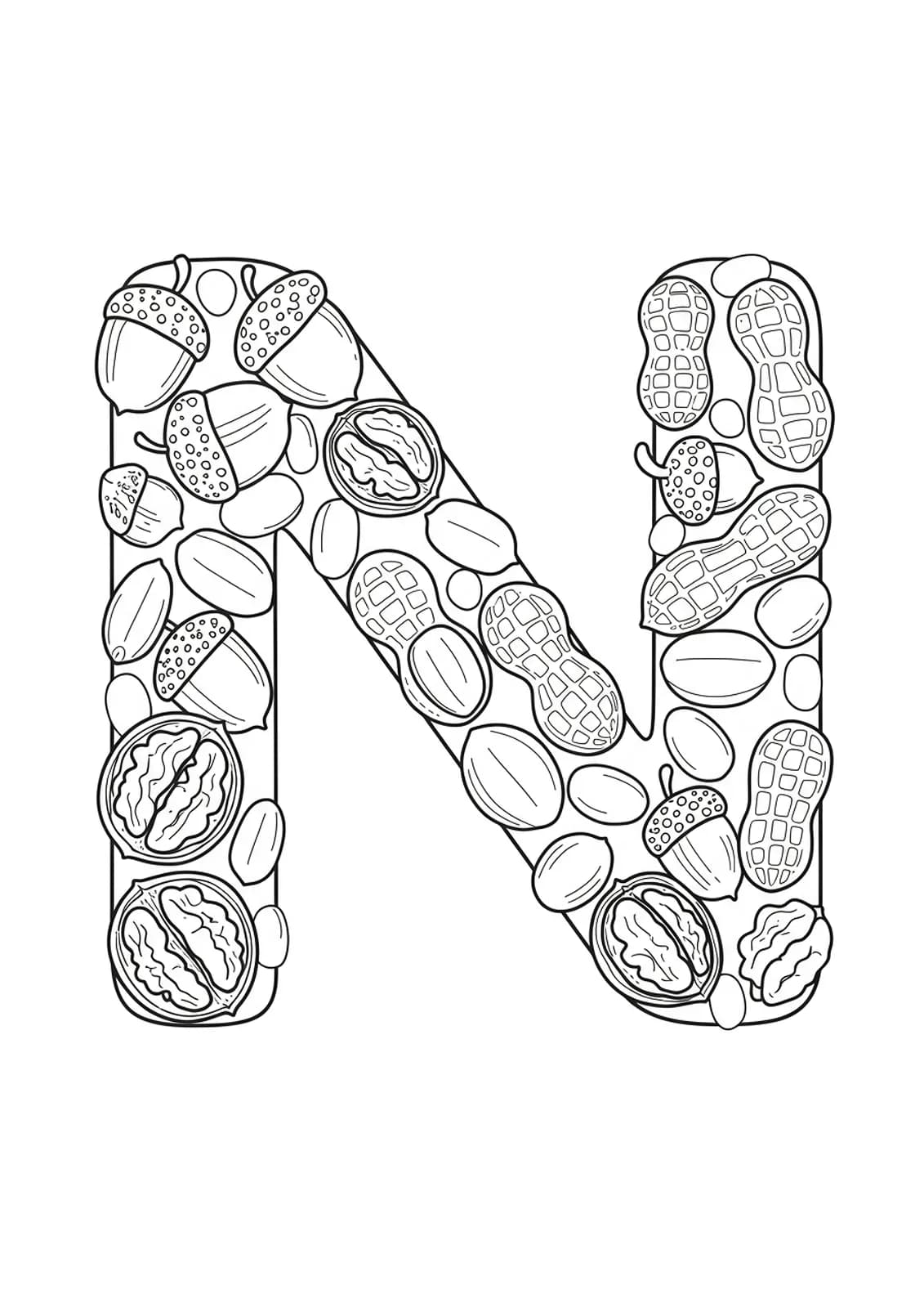 Big letter N with simple drawings of peanuts, walnuts, and acorns scattered around.