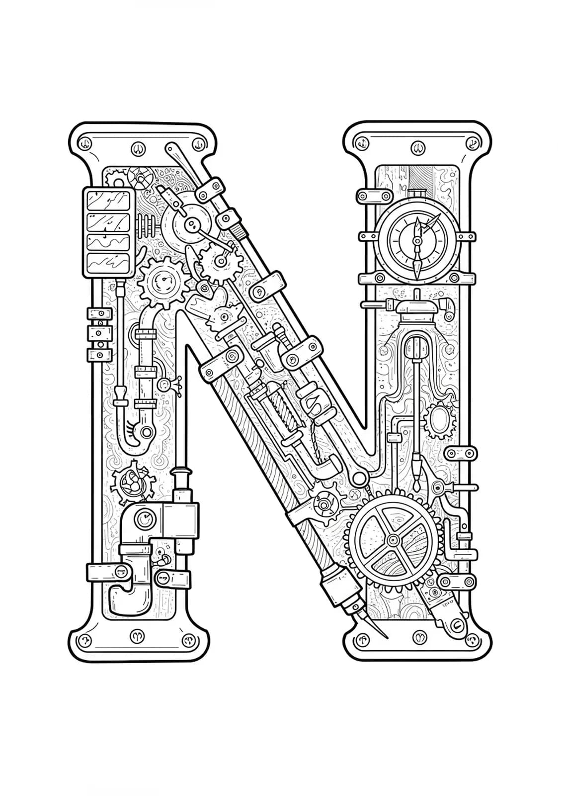 Highly detailed letter N design surrounded by intricate steampunk gears, pipes, and Victorian elements.