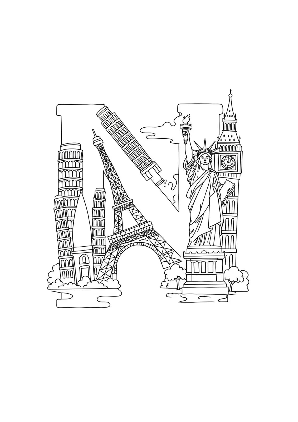 Easy travel landmarks like Eiffel Tower and Statue of Liberty around the letter N