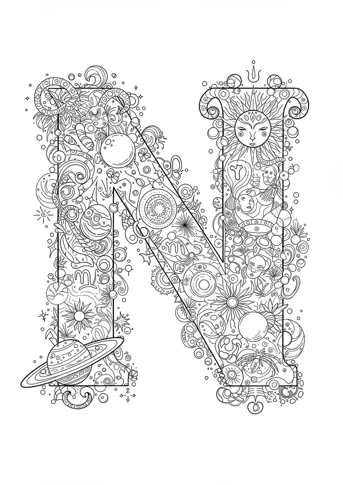 Letter N surrounded by intricate zodiac symbols, celestial bodies, and cosmic patterns.
