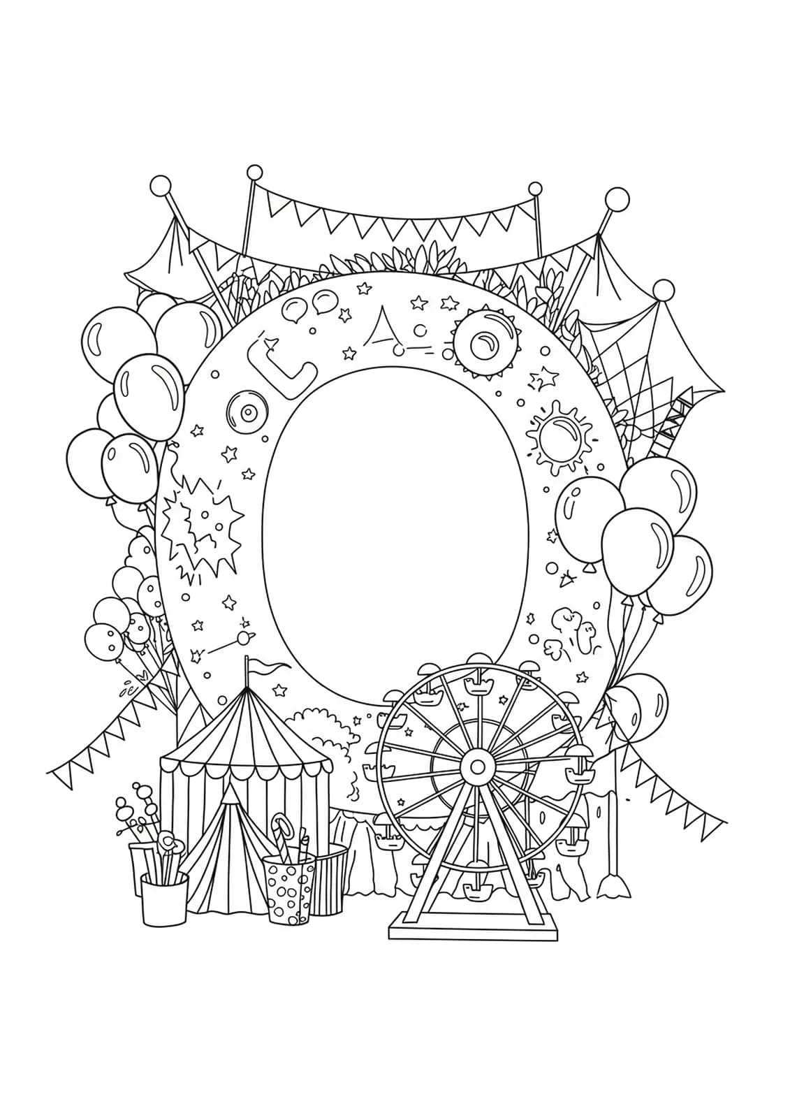 Carnival themed letter O coloring page with balloons, ferris wheel, and banners.