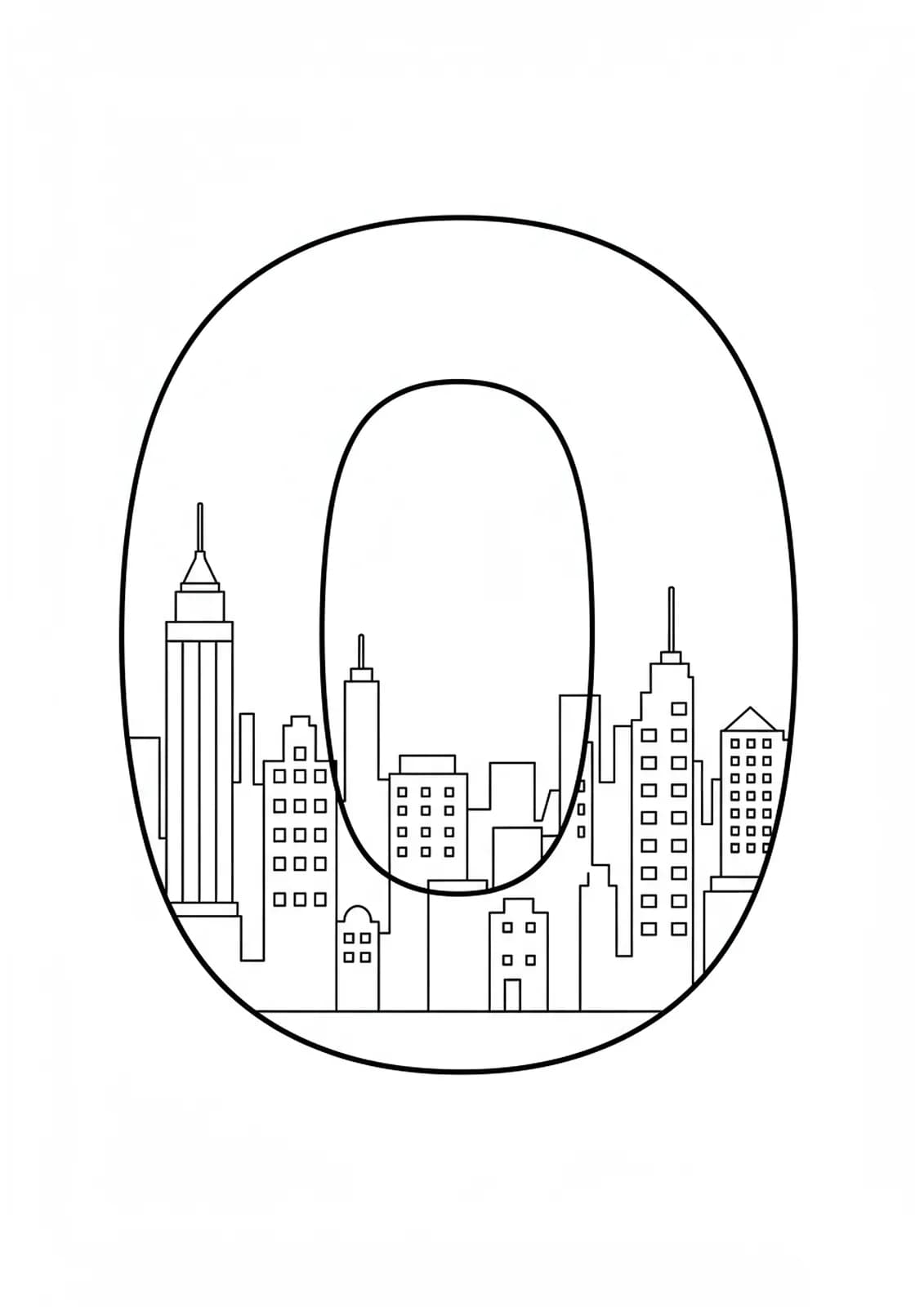 Letter O coloring page with a simple city skyline silhouette in the background.