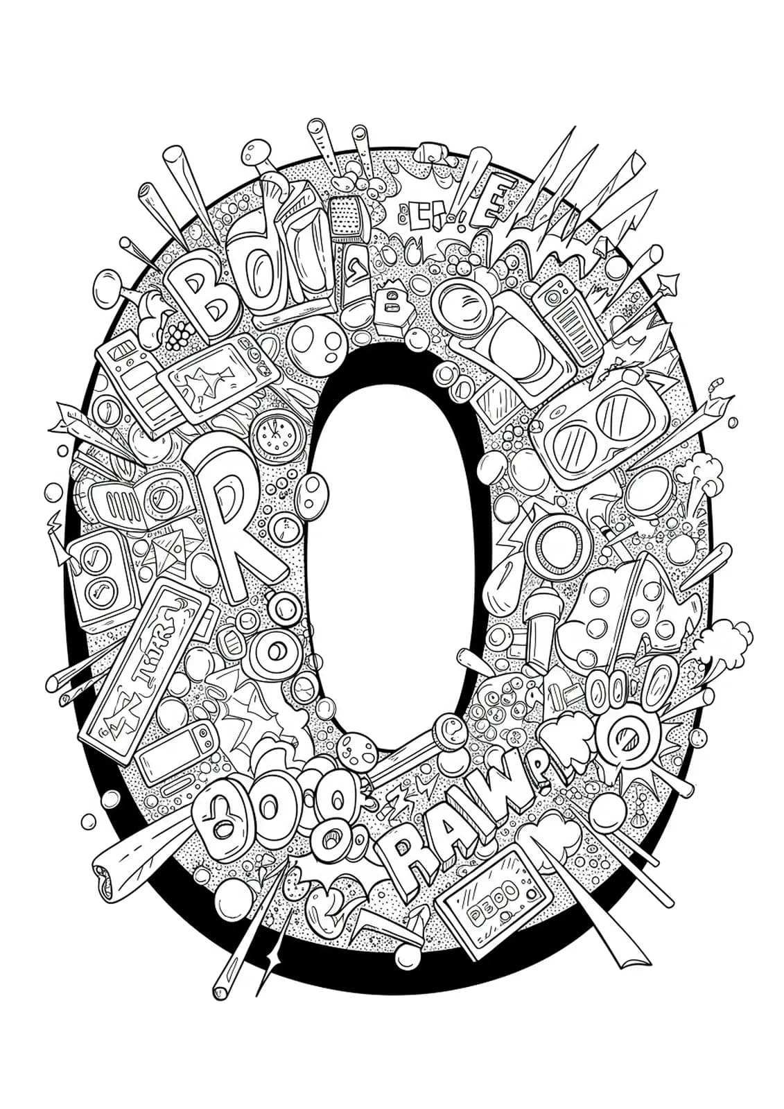 Letter O with intricate comic book hero elements, action lines, and gadgets for hard teen coloring.