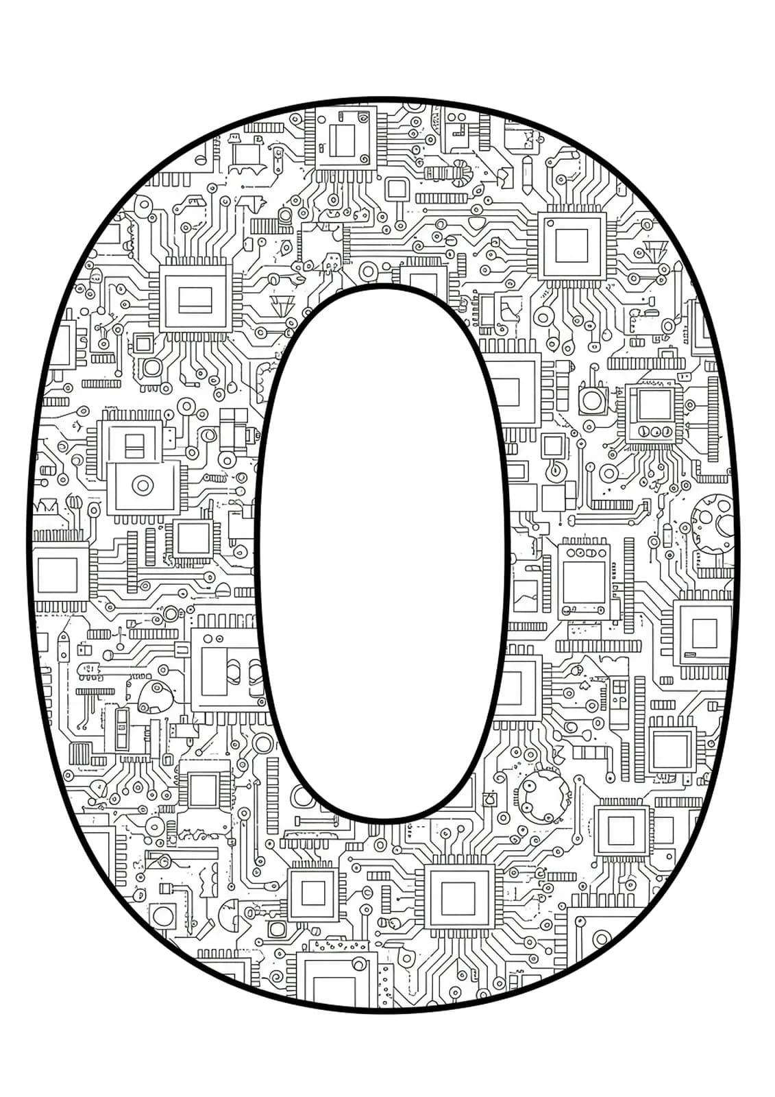 Letter O formed with intricate circuit board patterns and binary code for hard coloring.