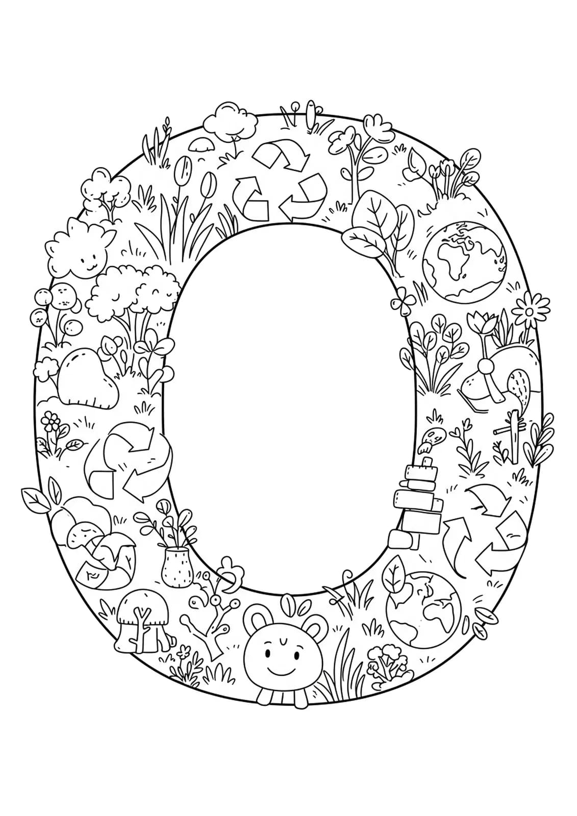 Letter O with simple Earth Day elements like plants and recycling symbols for easy teen coloring.