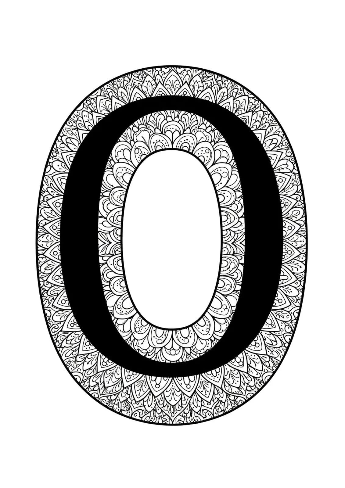 Letter O surrounded by simple floral mandala patterns, easy outlines for teen coloring.