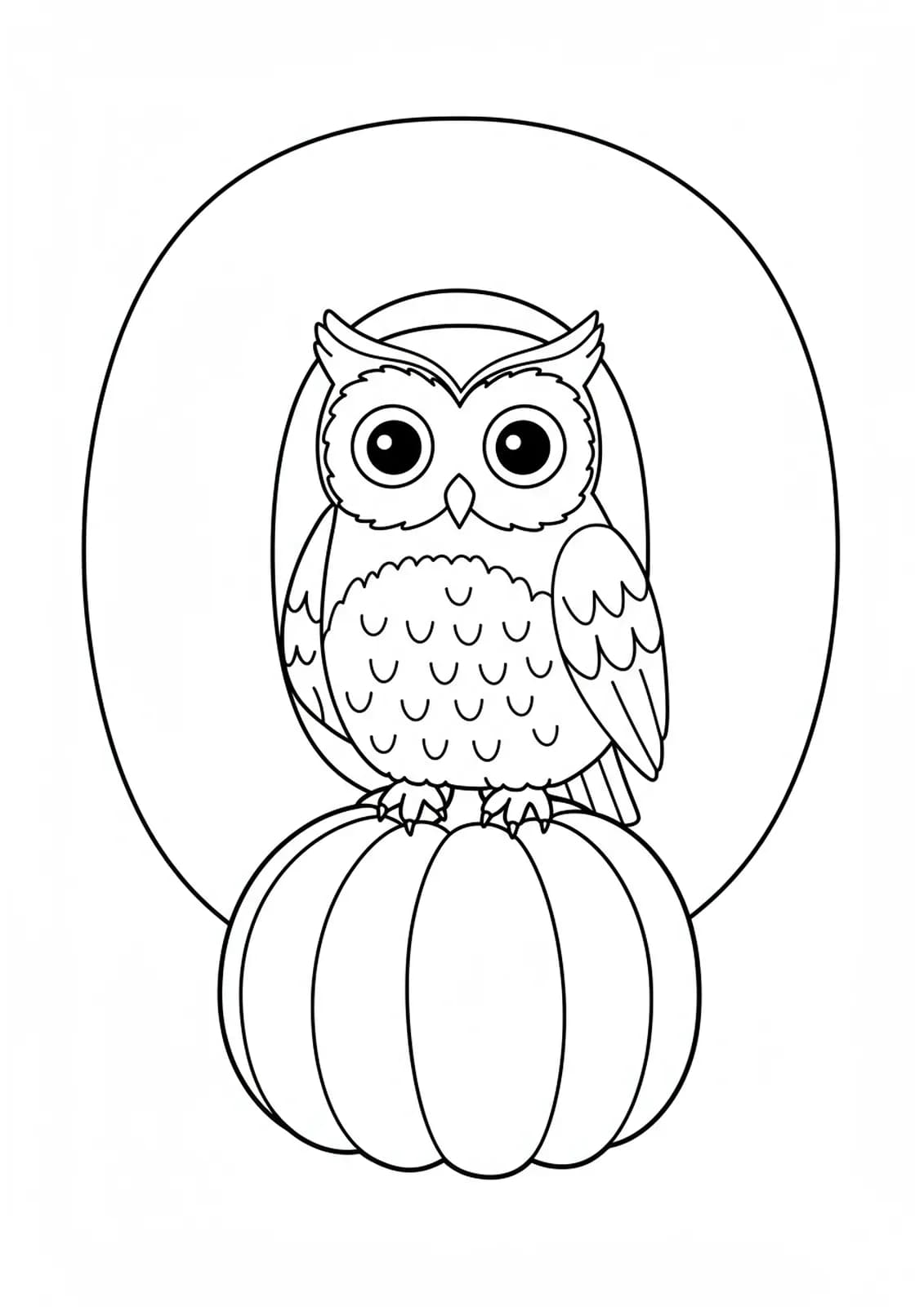 Letter O Halloween coloring page with a cute owl on a pumpkin, simple shapes for preschoolers.