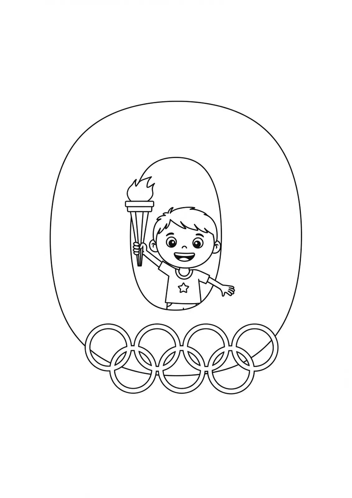 Letter O with a child holding an Olympic torch, simple rings, easy coloring for preschool.