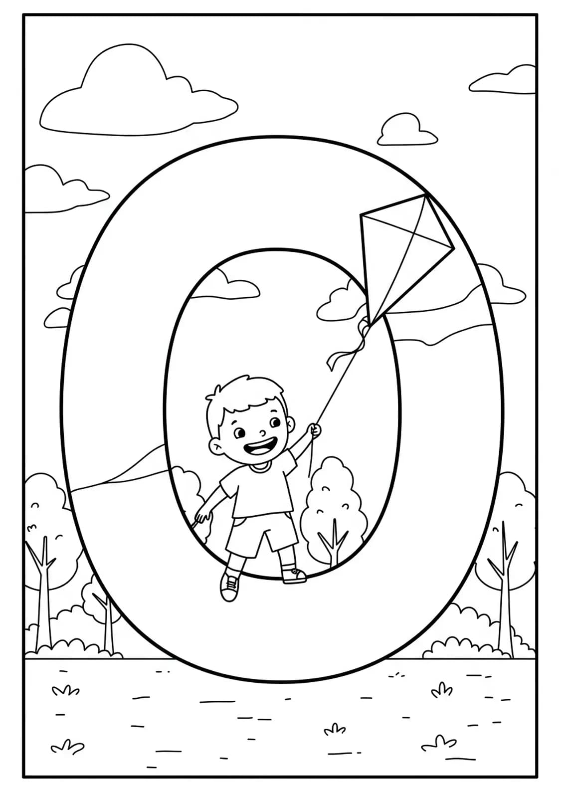 Letter O with a child flying a kite and simple trees, easy coloring for preschoolers.