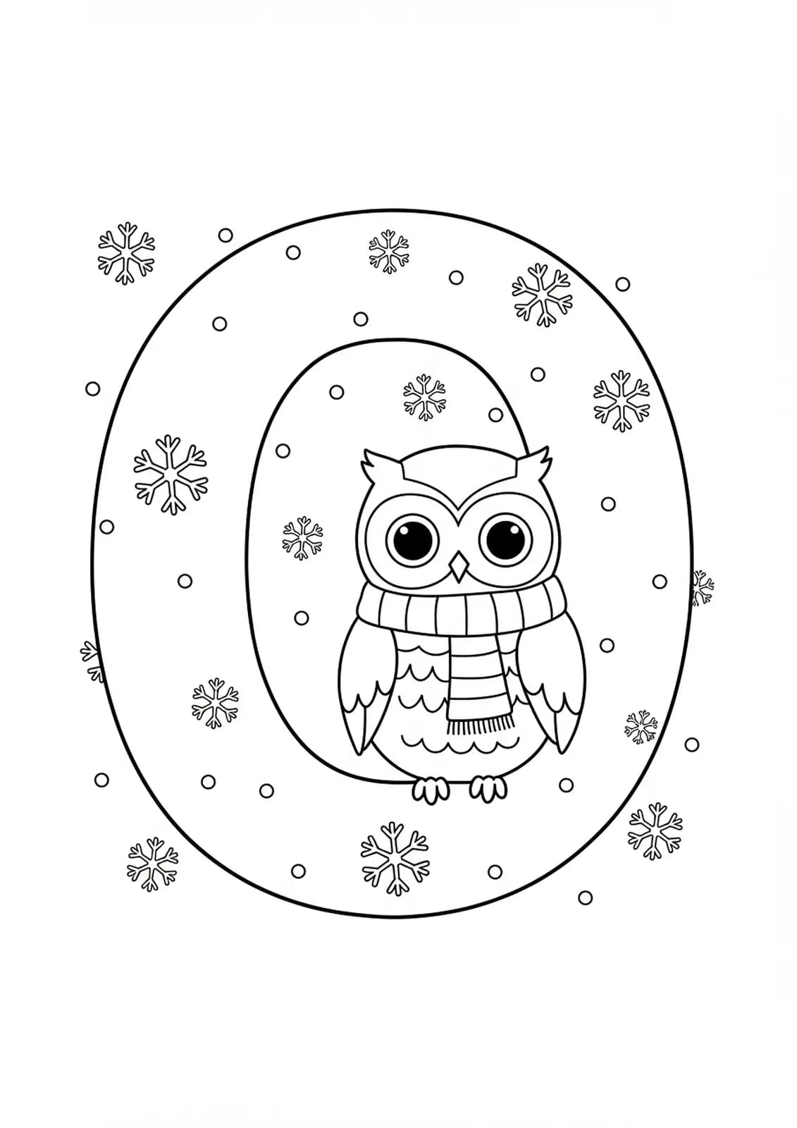 Letter O with an owl in a scarf and snowflakes, simple winter coloring page for preschoolers.
