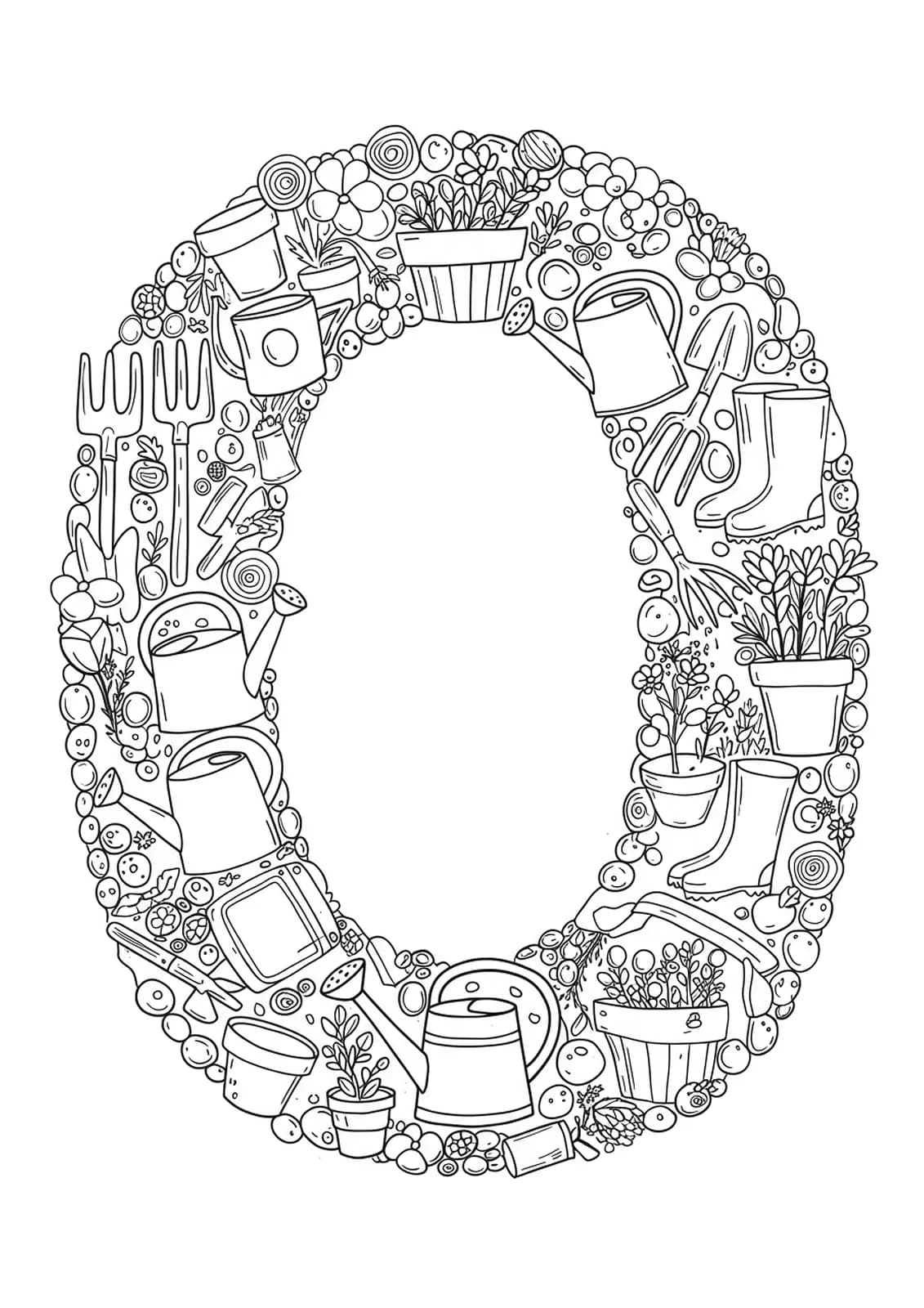 Easy outline coloring page of letter O with garden tools like watering cans and shovels.