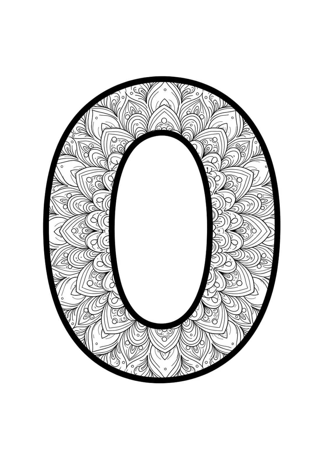 Letter O with large, simple mandala floral patterns around it, easy for adult coloring.