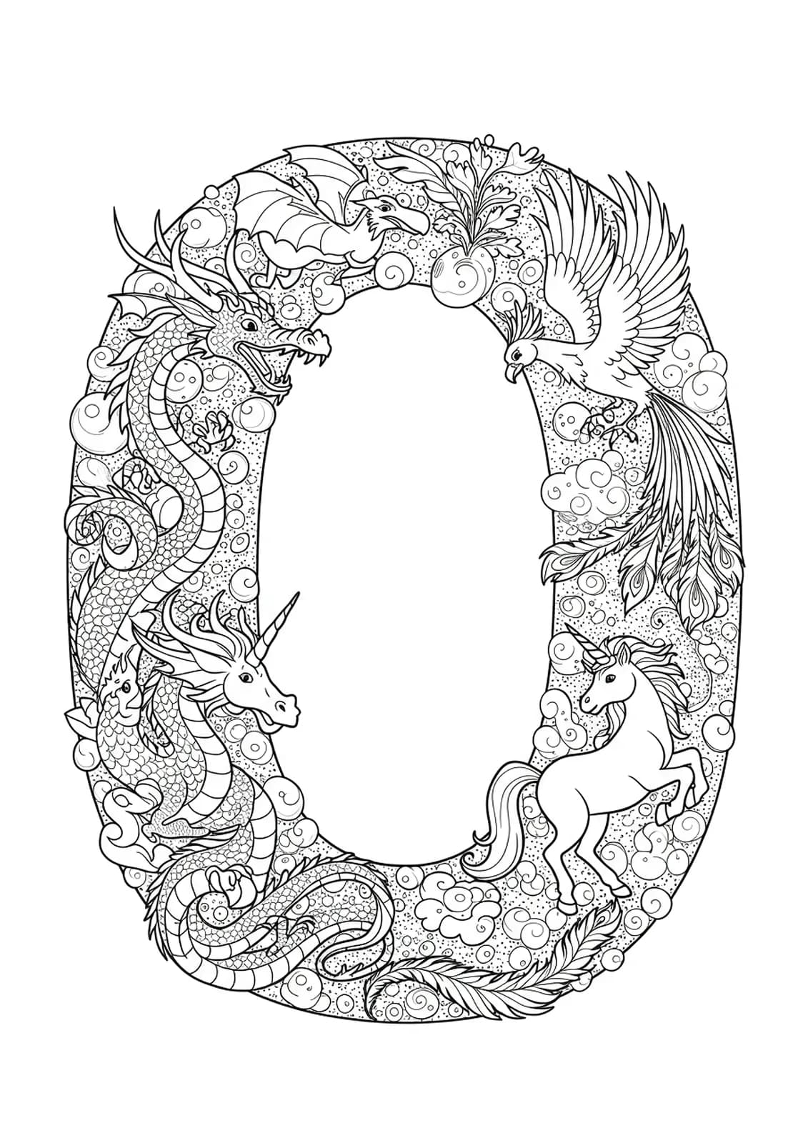 Letter O with simple line art of mythical creatures such as a dragon and phoenix for easy teen coloring.