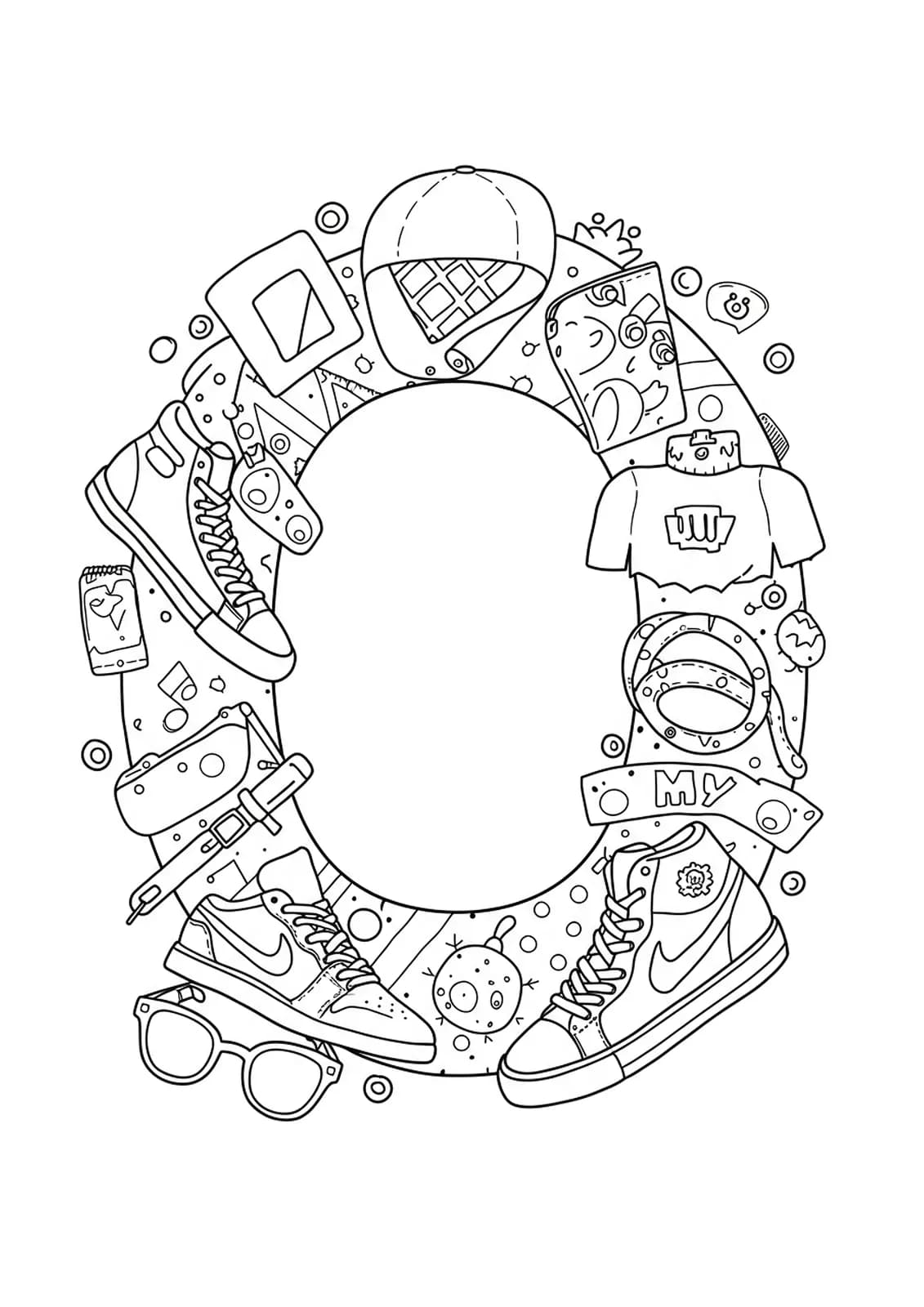 Letter O with simple outline drawings of trendy sneakers and street fashion accessories for easy teen coloring.