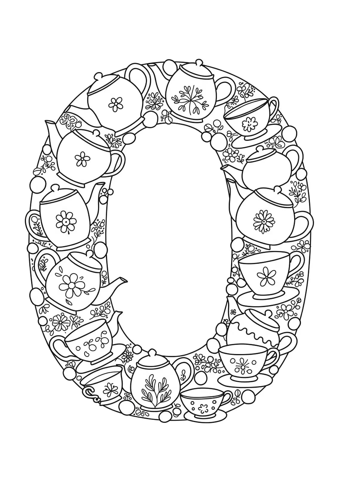 Tea time themed letter O coloring page with teapots and cups around the letter.