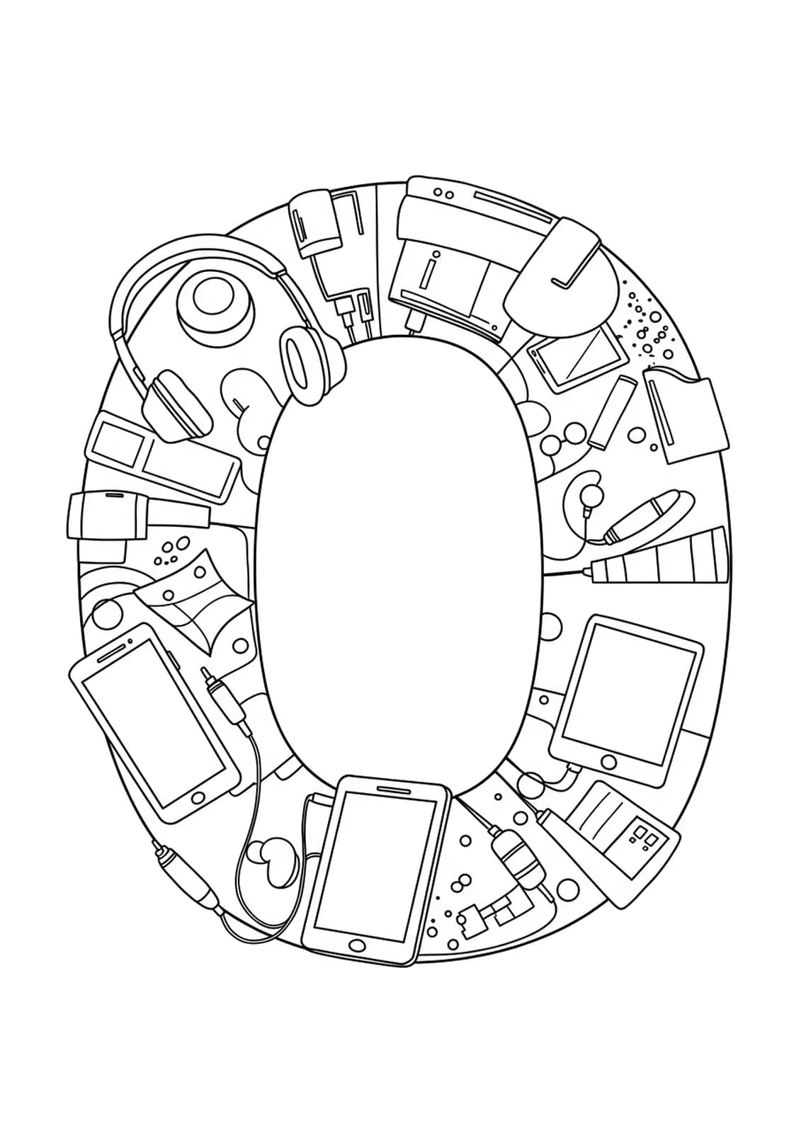 Letter O with easy outlines of tech gadgets such as headphones and smartphones for teen coloring.