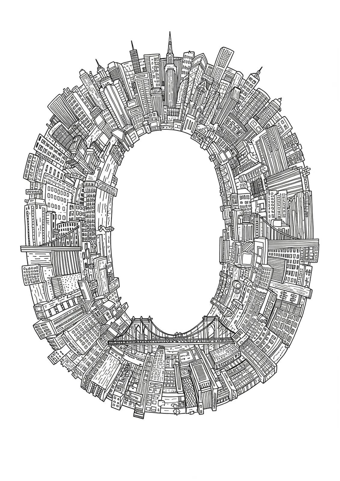 Letter O with intricate cityscape and architectural elements for a hard teen coloring page.