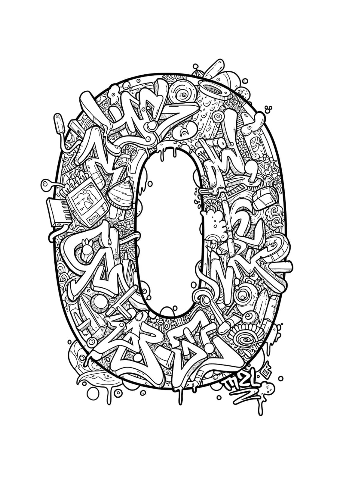 Complex graffiti-style letter O surrounded by urban doodles for teen coloring.