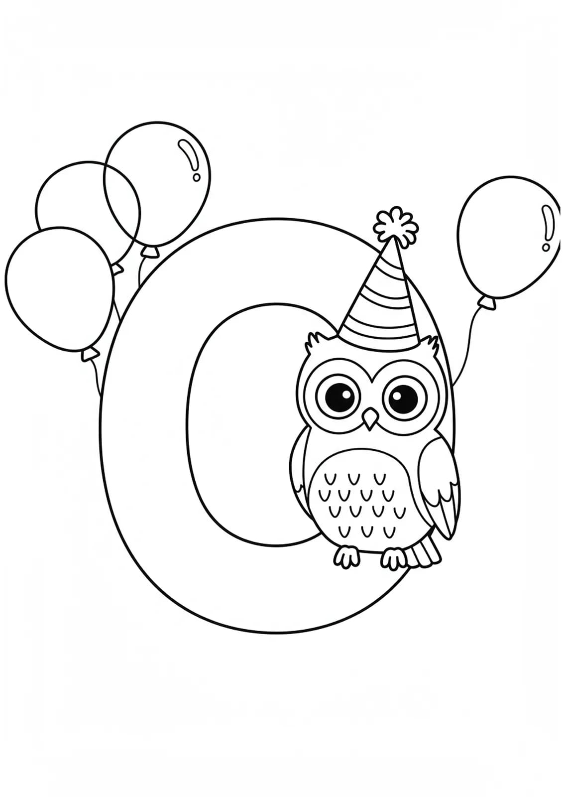 Large letter O with an owl in a party hat and balloons, birthday coloring page for preschoolers.