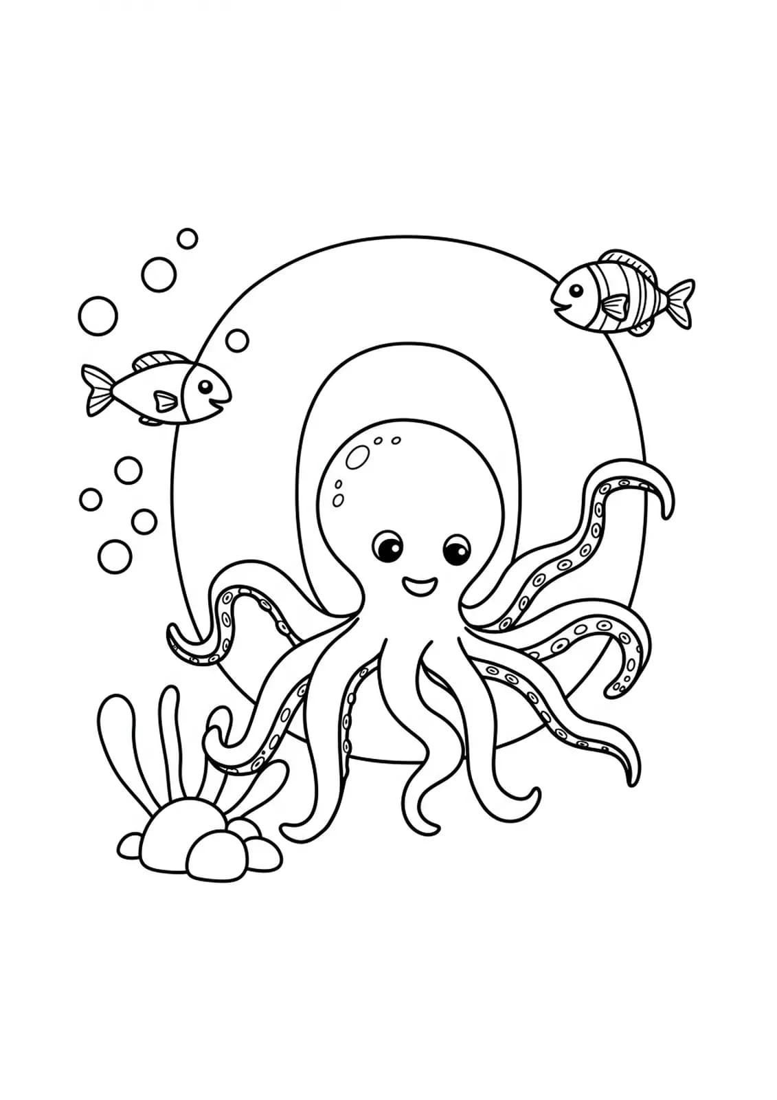 Simple coloring page of the letter O with smiling ocean animals like an octopus and fish for preschoolers.