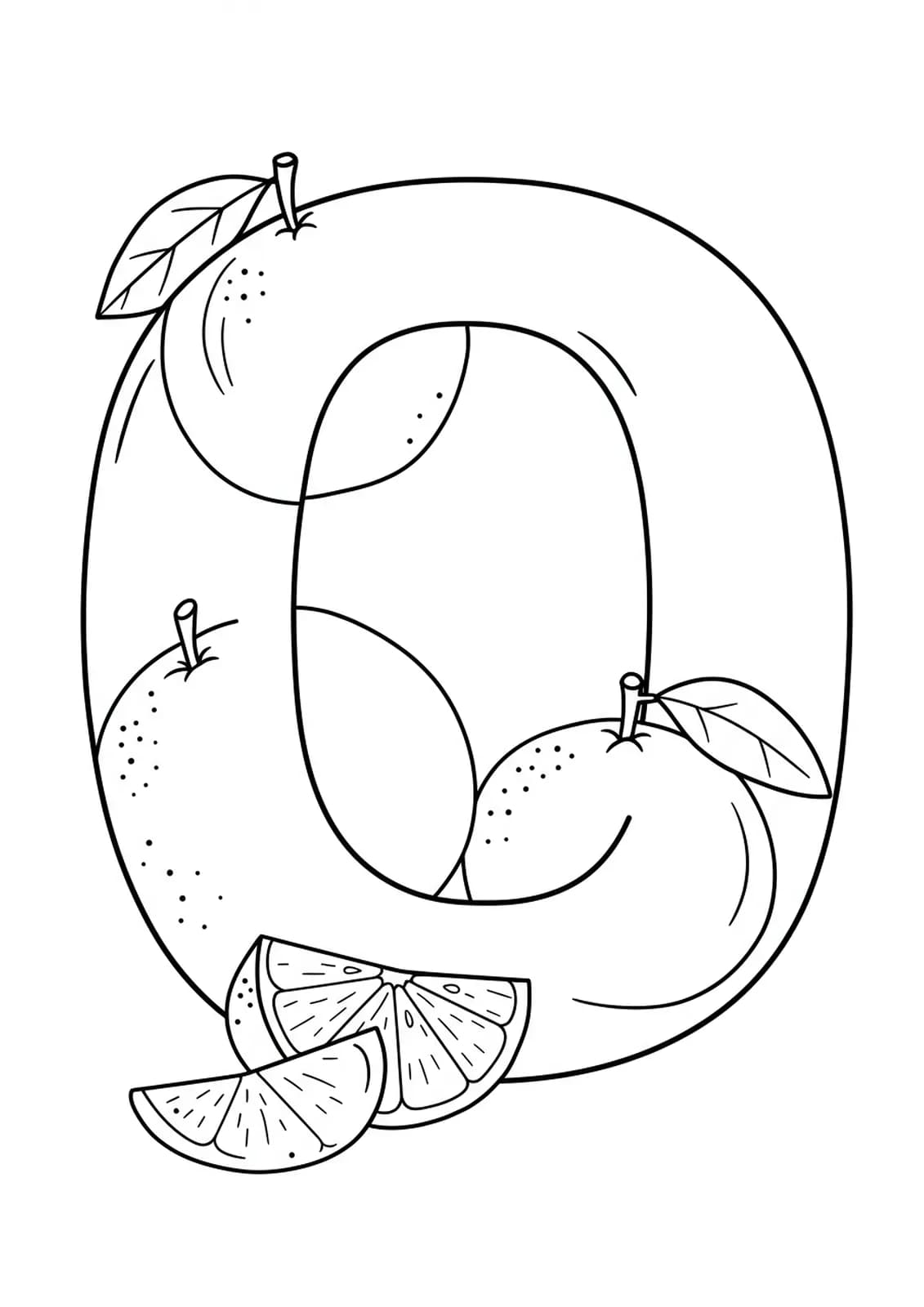 Large letter O coloring page with big, simple oranges for preschool children.