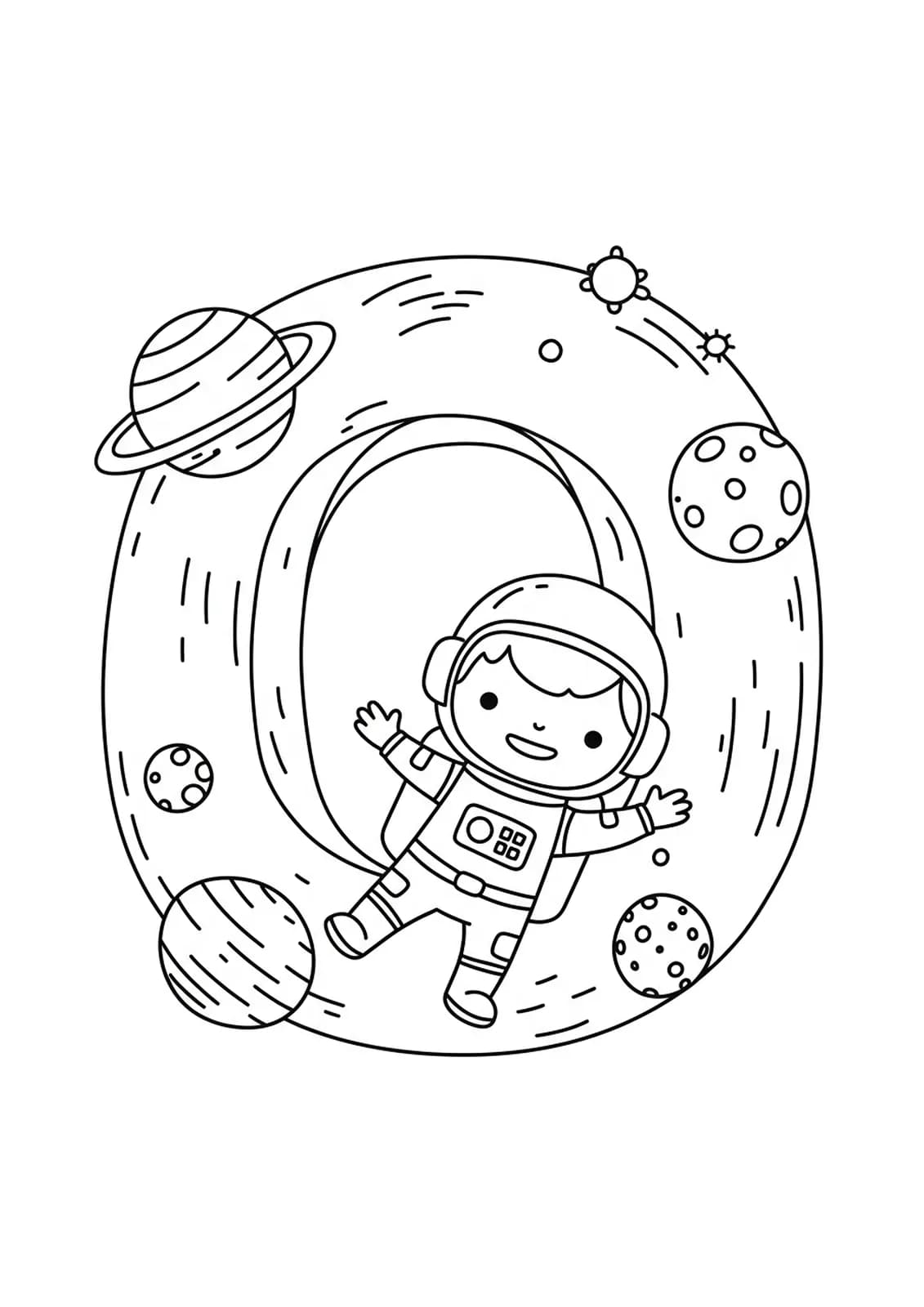 Large letter O with a happy astronaut and basic planet shapes, outer space coloring for preschool.
