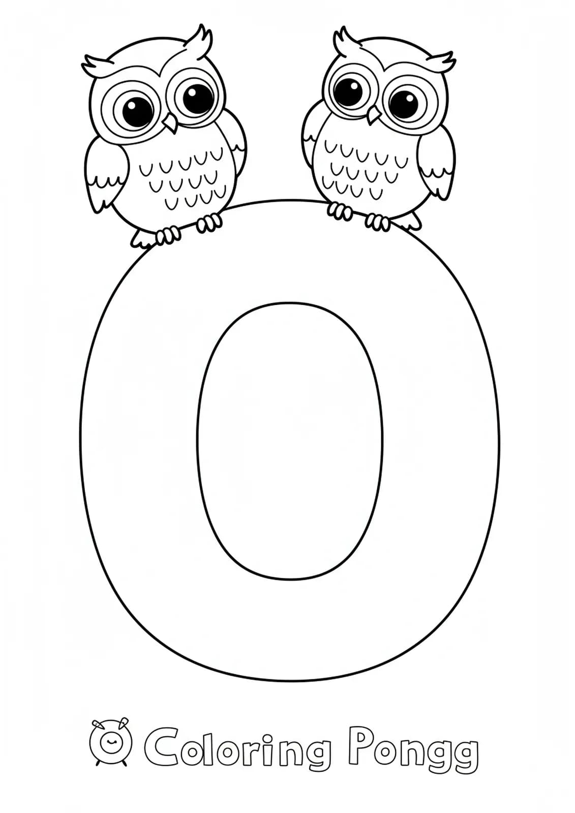 Coloring page showing large letter O with two cute owls sitting on it, for preschool.