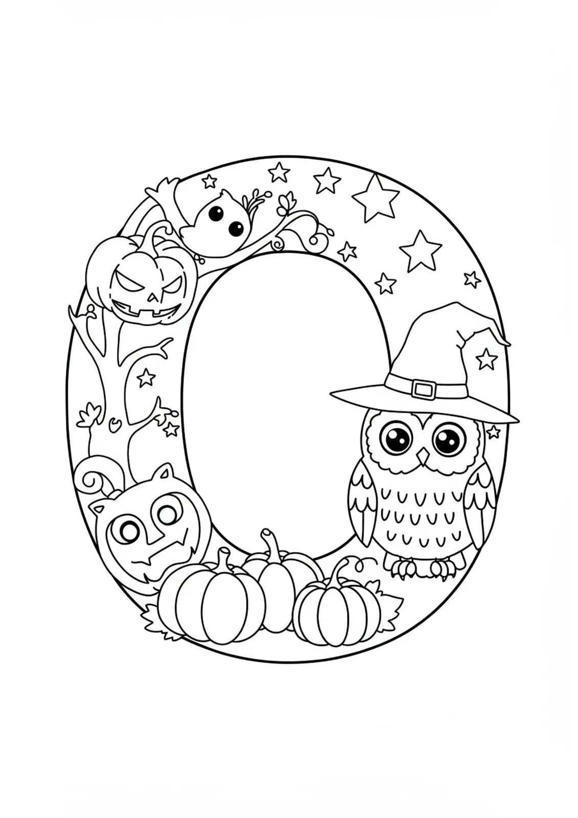 A large letter O with a cute owl in a witch hat, pumpkins, and stars, Halloween-themed preschool coloring page.