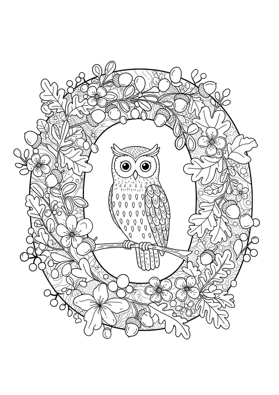 Intricate Letter O coloring page with an owl, forest leaves, flowers, and branches.