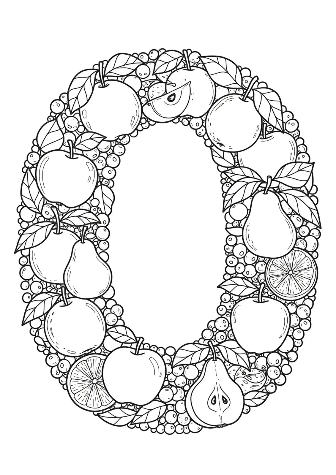 Letter O detailed with fruits, leaves, and orchard branches for preschool coloring.