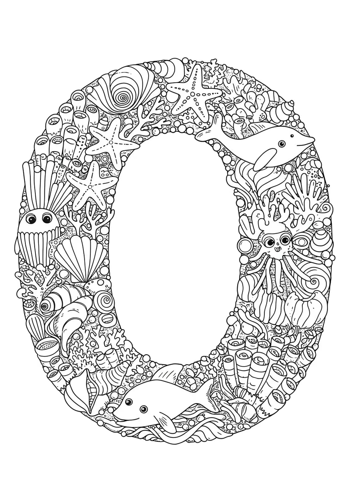 Intricate letter O with detailed ocean animals, shells, and seaweed for preschool coloring.