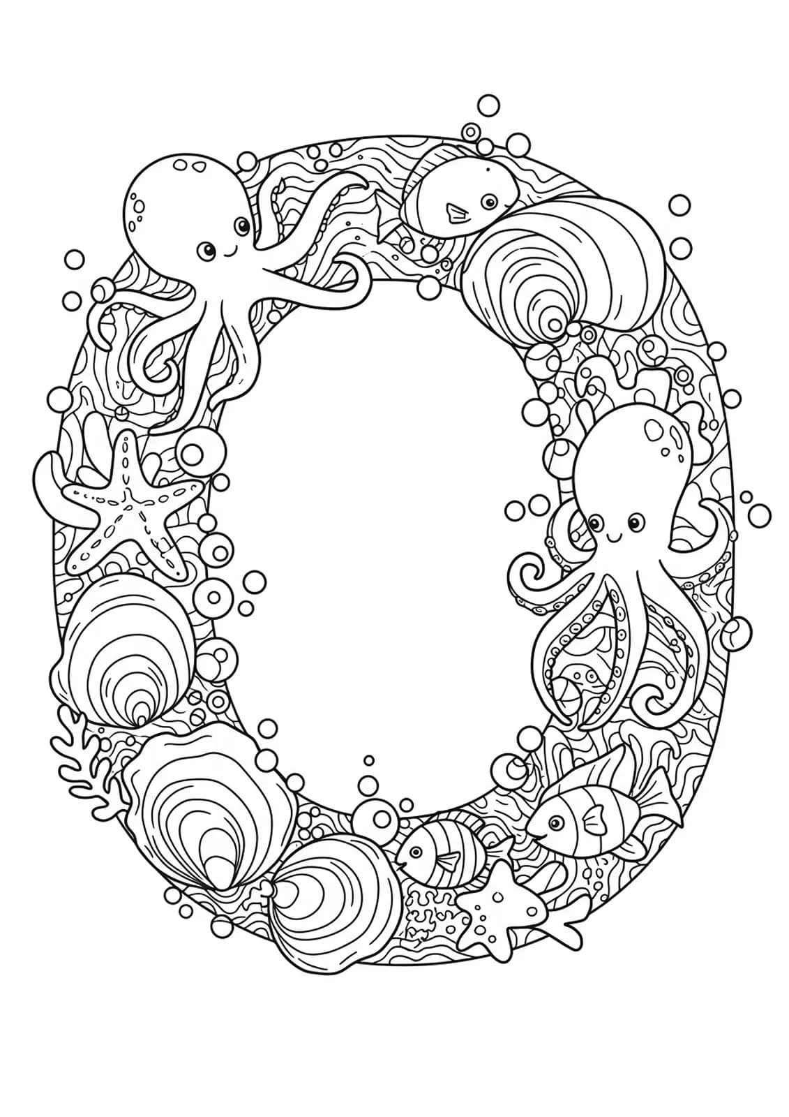 A large letter O surrounded by ocean animals like octopus and oysters, with waves and medium-level details, for elementary coloring