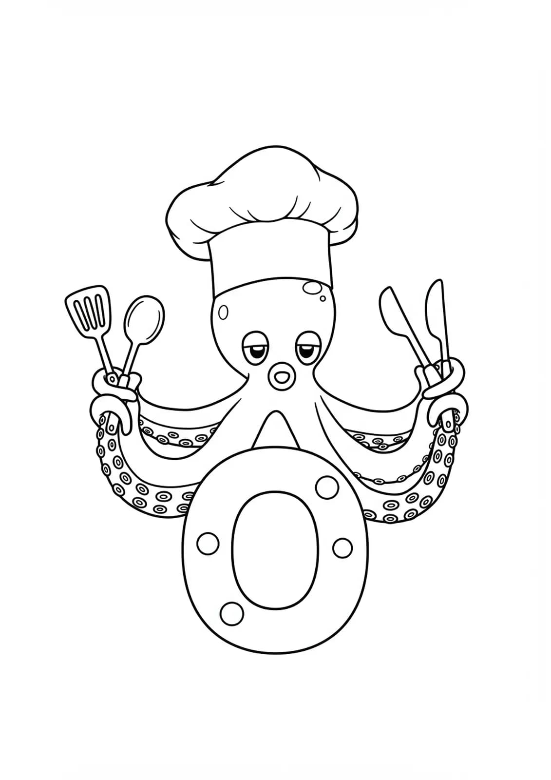 A cartoon octopus chef with the letter O, holding kitchen utensils and food, medium detail for elementary coloring