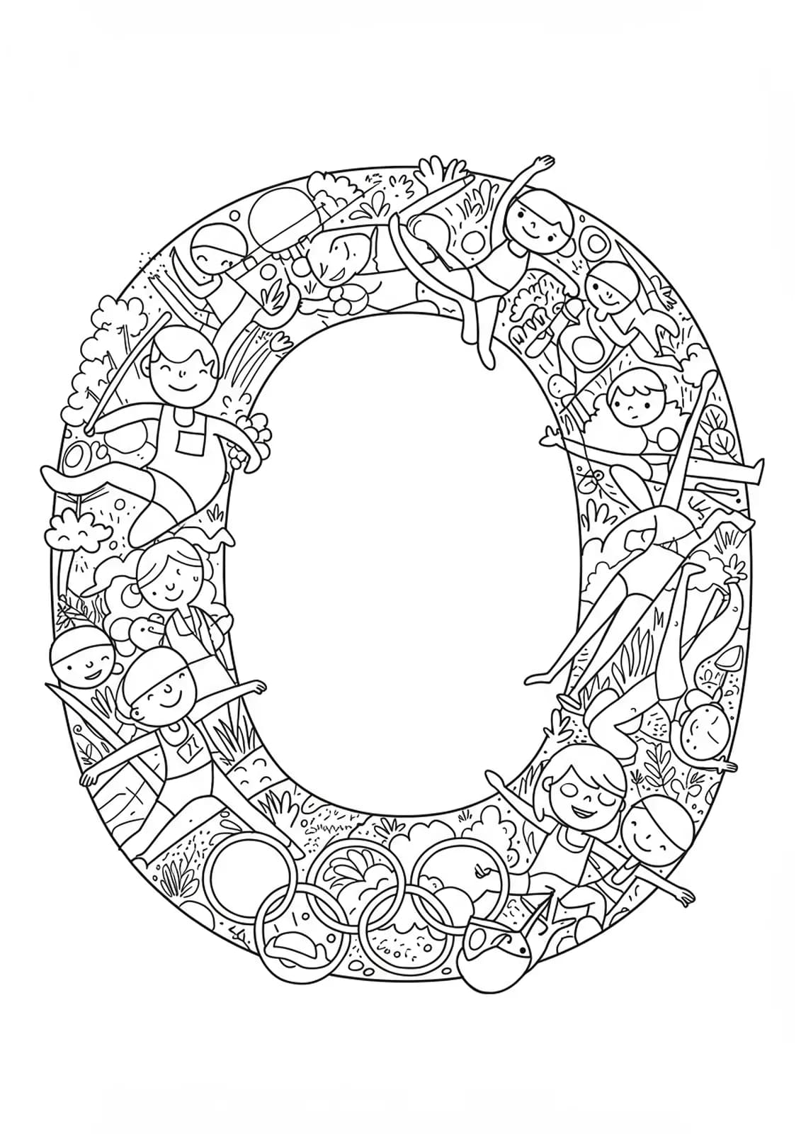 A large letter O with Olympic athletes around it, participating in sports like running and swimming, moderately detailed for elementary kids
