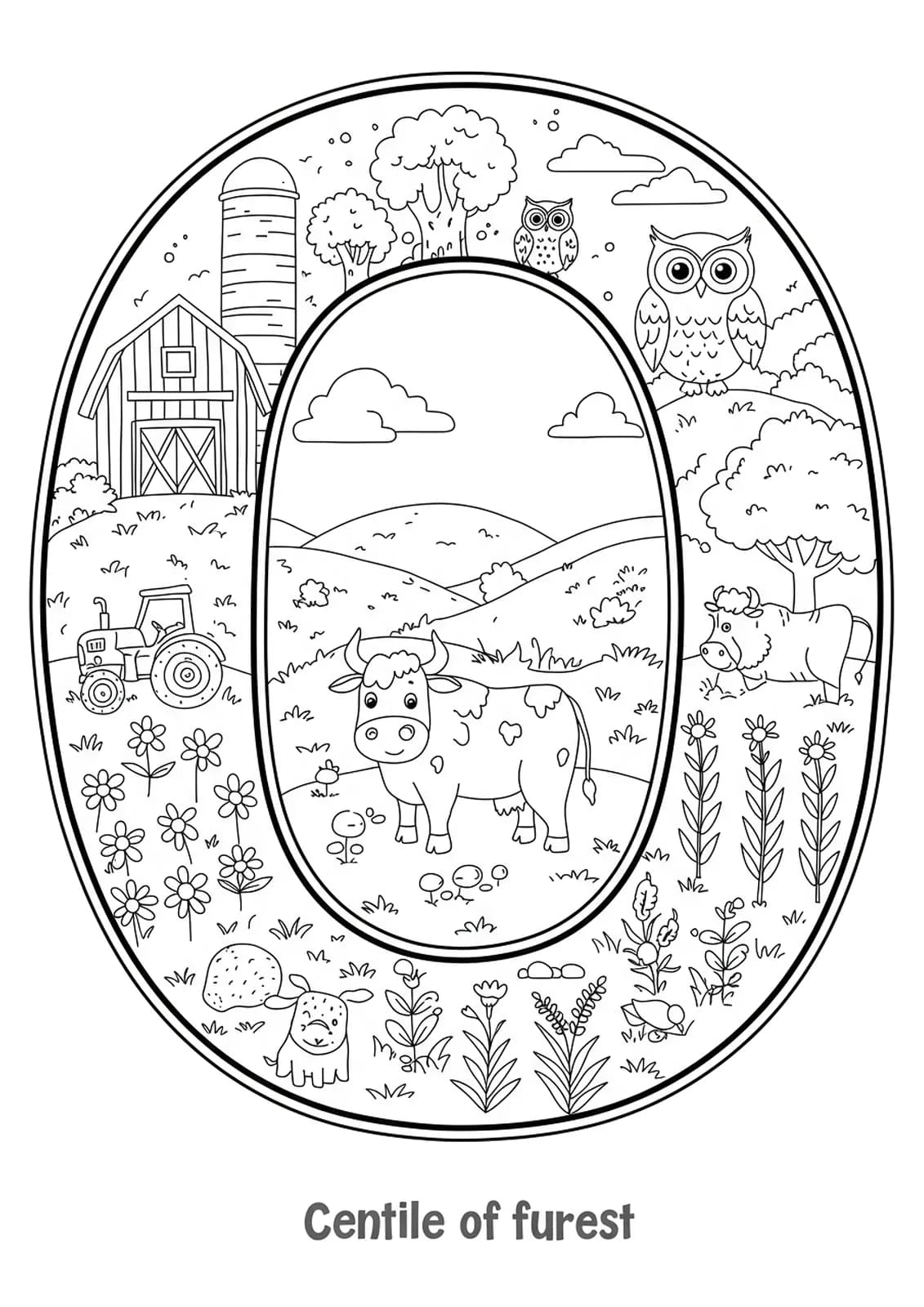 Letter O at the center of a farm scene with a barn, tractor, ox, owls, and crops, suitable medium detail for elementary kids