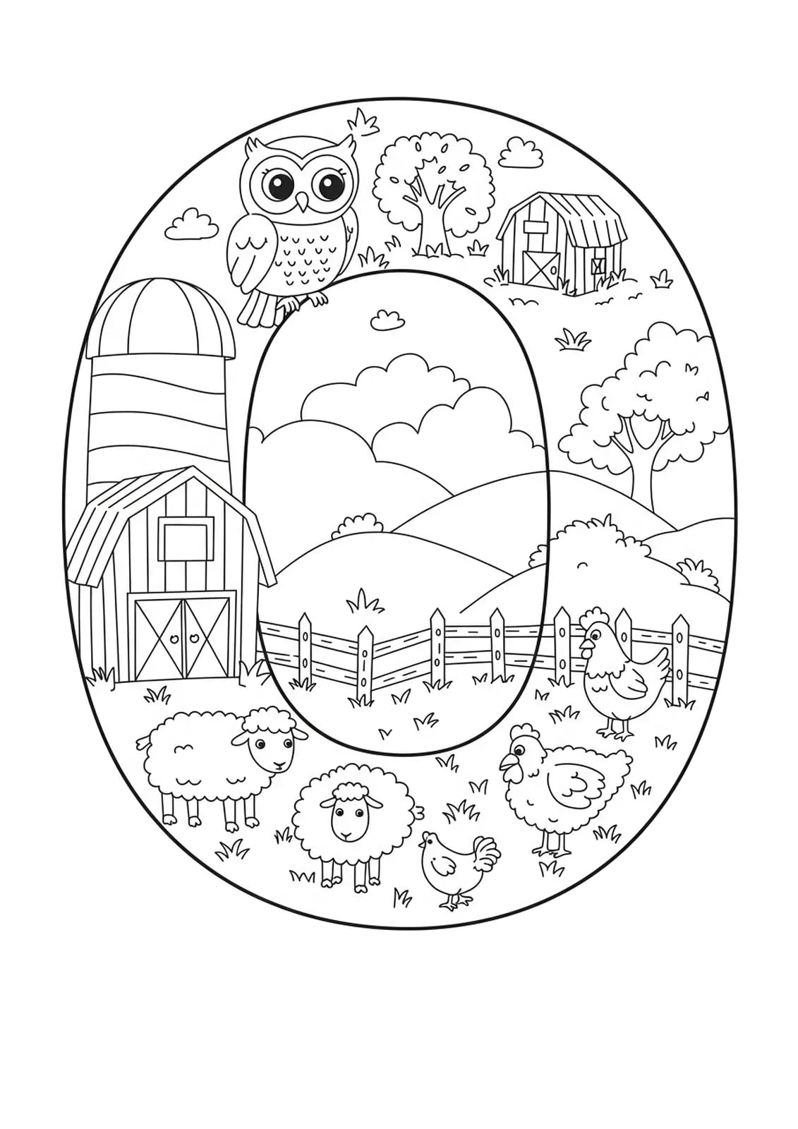 A letter O with an owl, barn, sheep, chickens, and fence, farm-themed preschool coloring page.