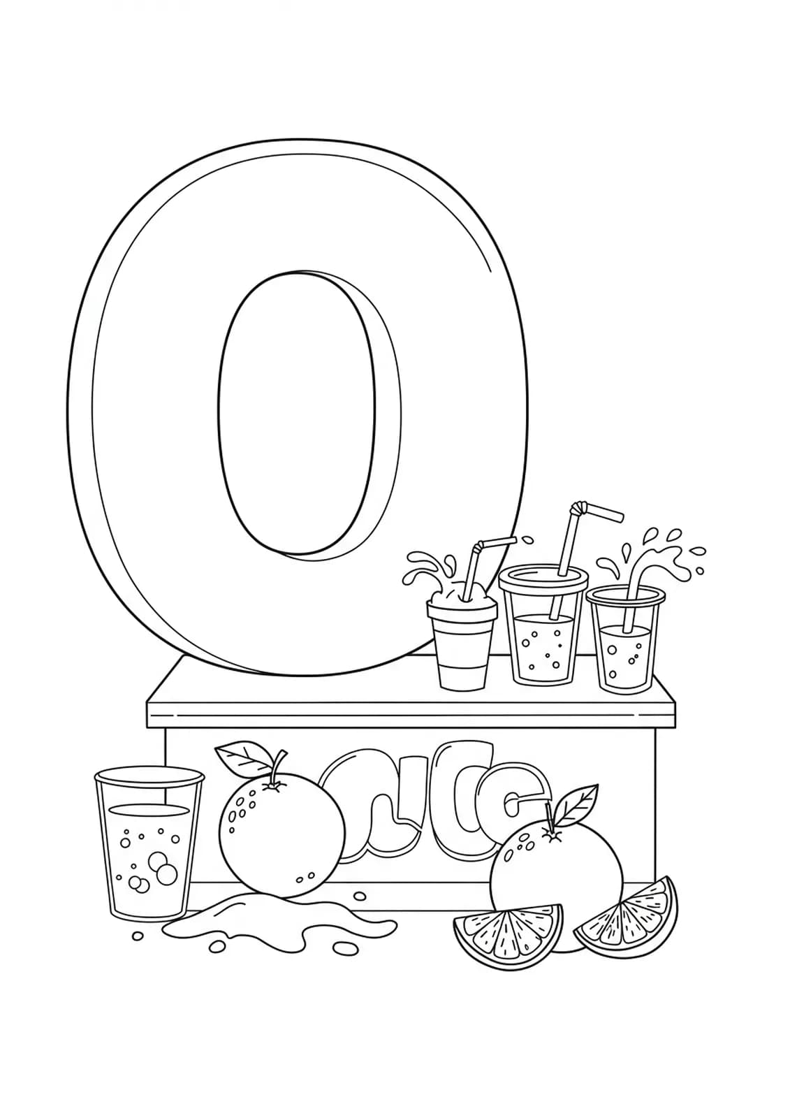 A letter O with an orange juice stand, oranges, cups, and juice splashes, food and drink preschool coloring page.