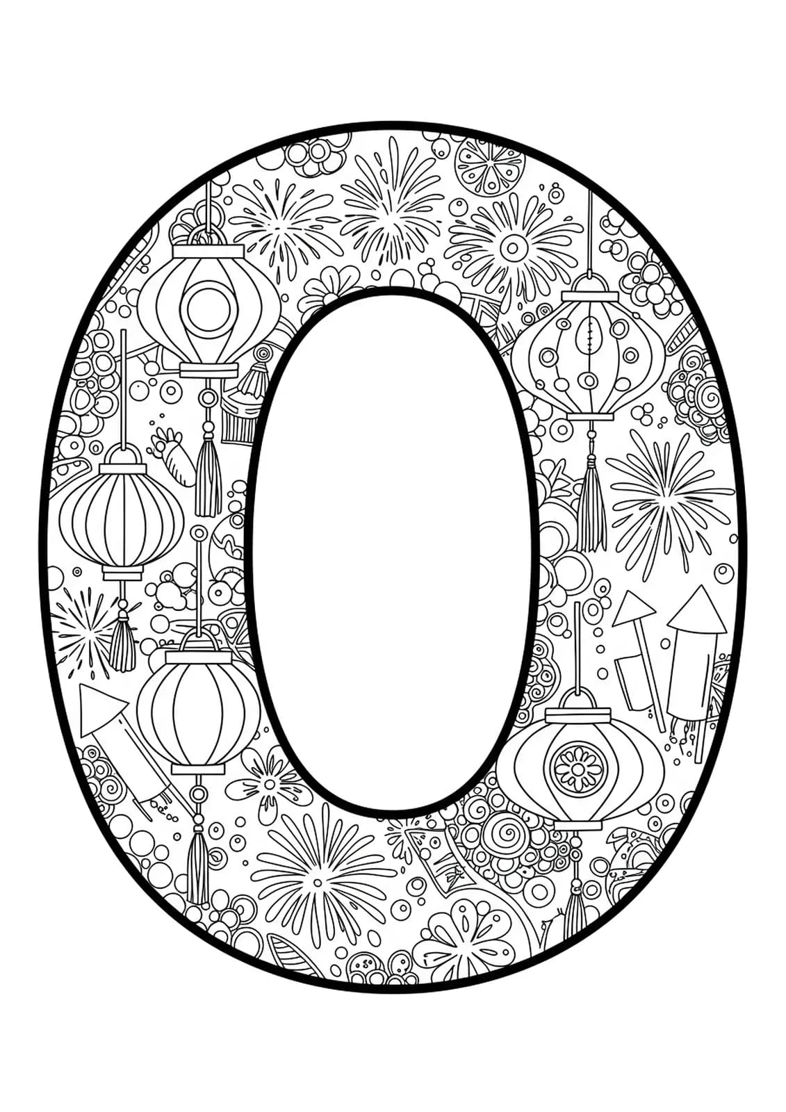 Letter O decorated with oriental lanterns, fireworks, and festival patterns, medium detail for elementary-age coloring