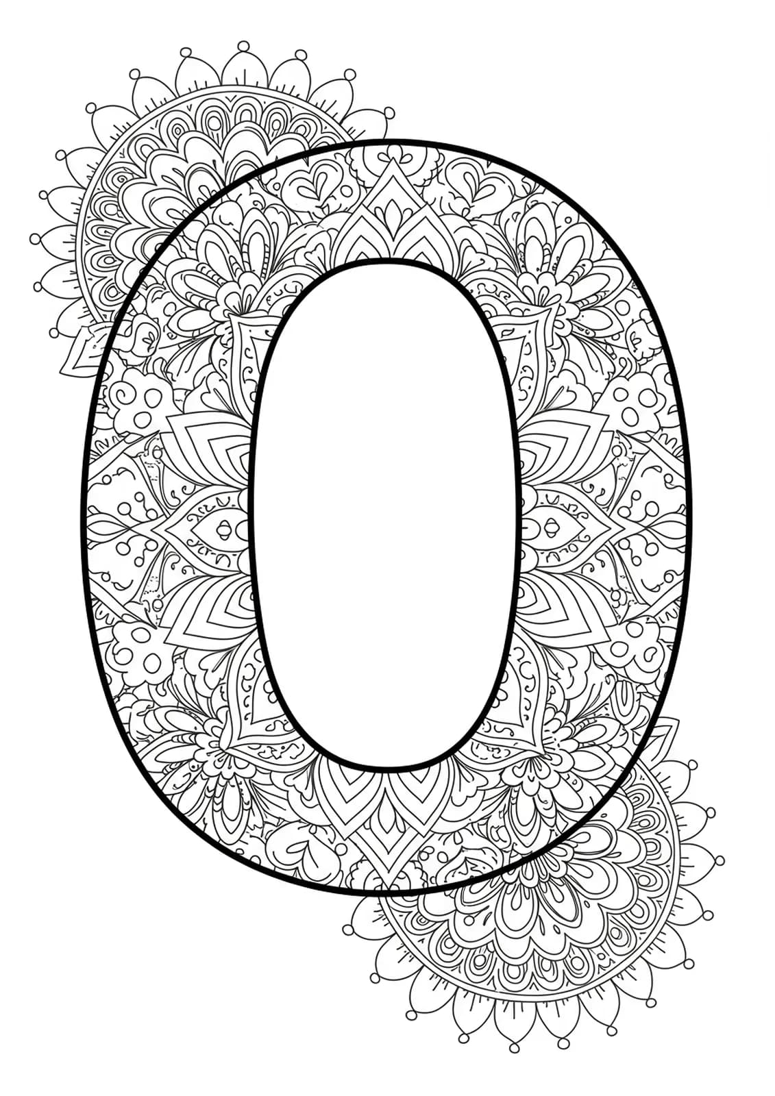 Letter O surrounded by medium-complexity mandala and floral patterns, designed for elementary kids