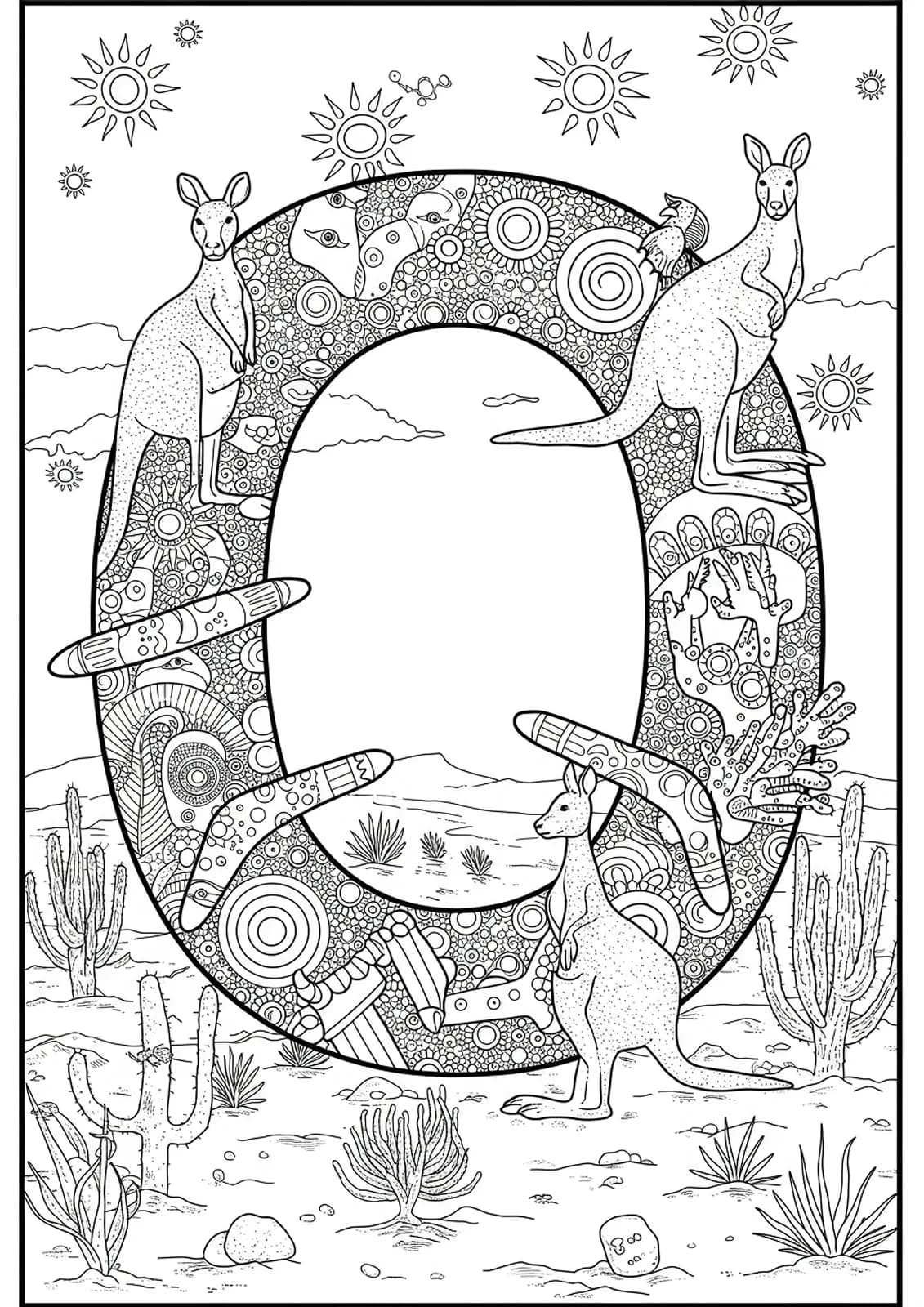 Letter O with kangaroos, boomerangs, and desert plants in an intricate outback scene for preschool coloring.