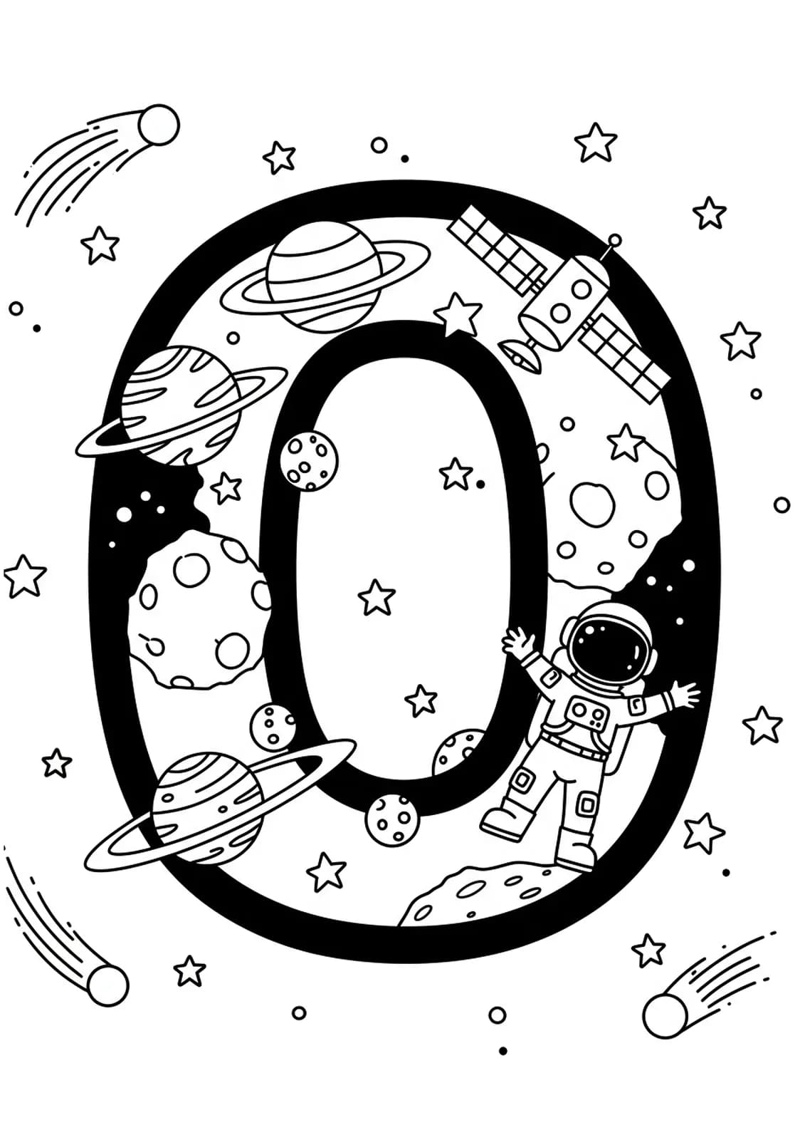 A large letter O in space with planets, stars, and an astronaut floating nearby, suitable medium detail for elementary children