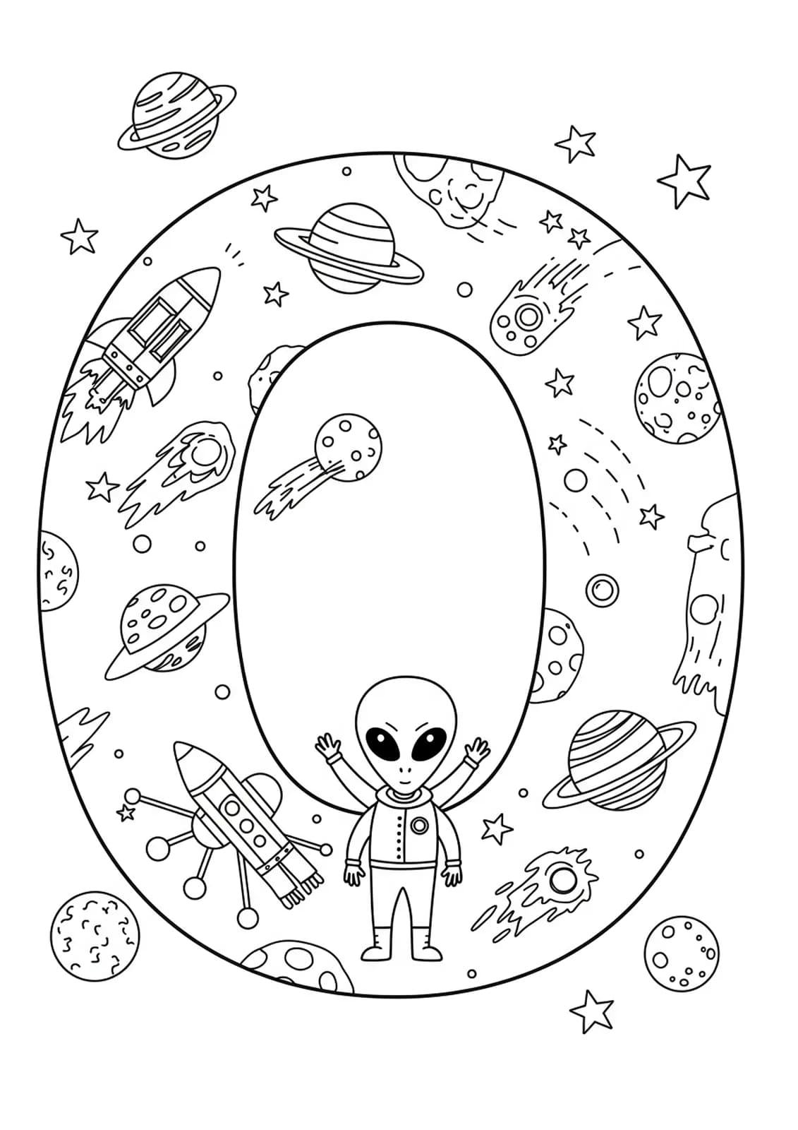A letter O surrounded by spaceships, planets, stars, and a cartoon alien, space-themed preschool coloring page.