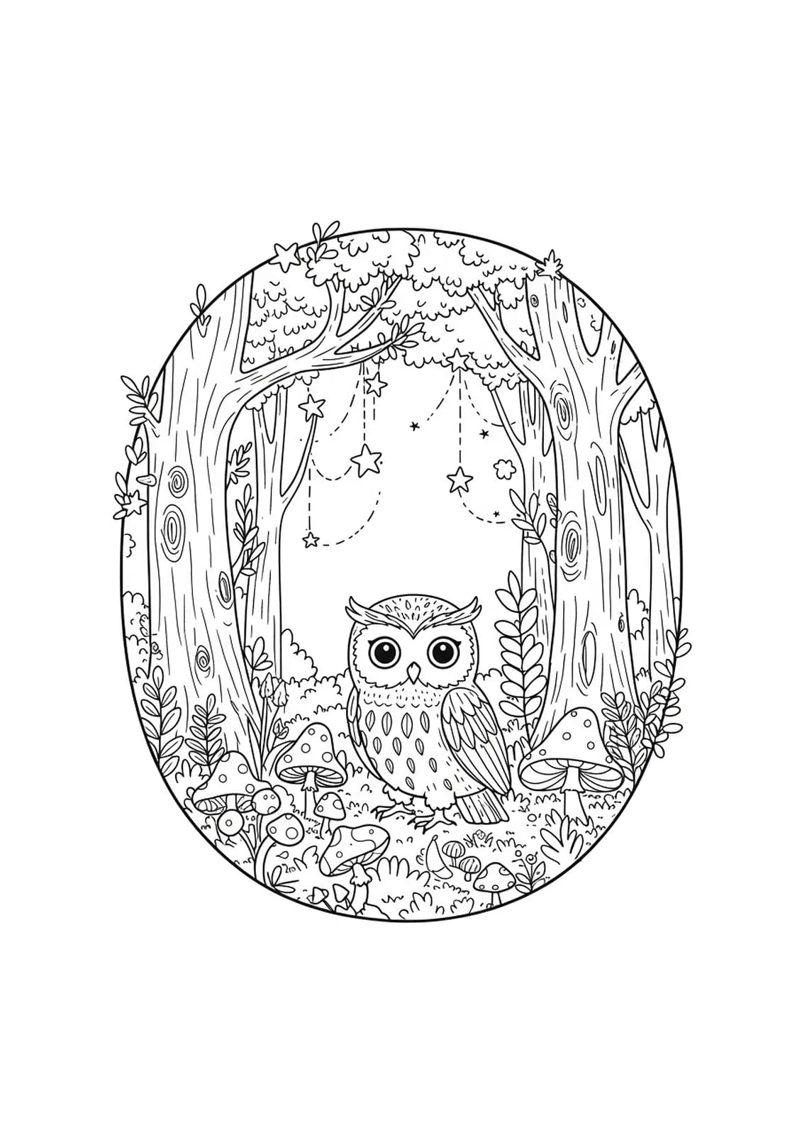 Whimsical letter O in a fantasy forest with an owlet, enchanted trees, stars, and mushrooms, medium detail for elementary