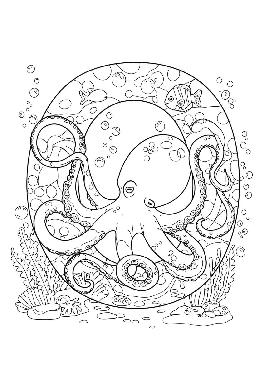 Letter O with a detailed octopus, fish, and sea plants for preschool coloring.