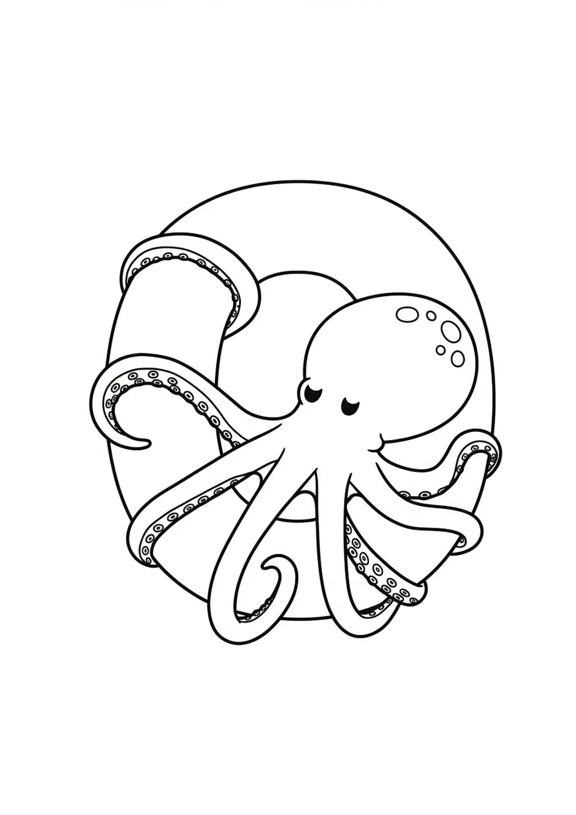 Coloring page with the letter O and a smiling cartoon octopus wrapping its tentacles around it.
